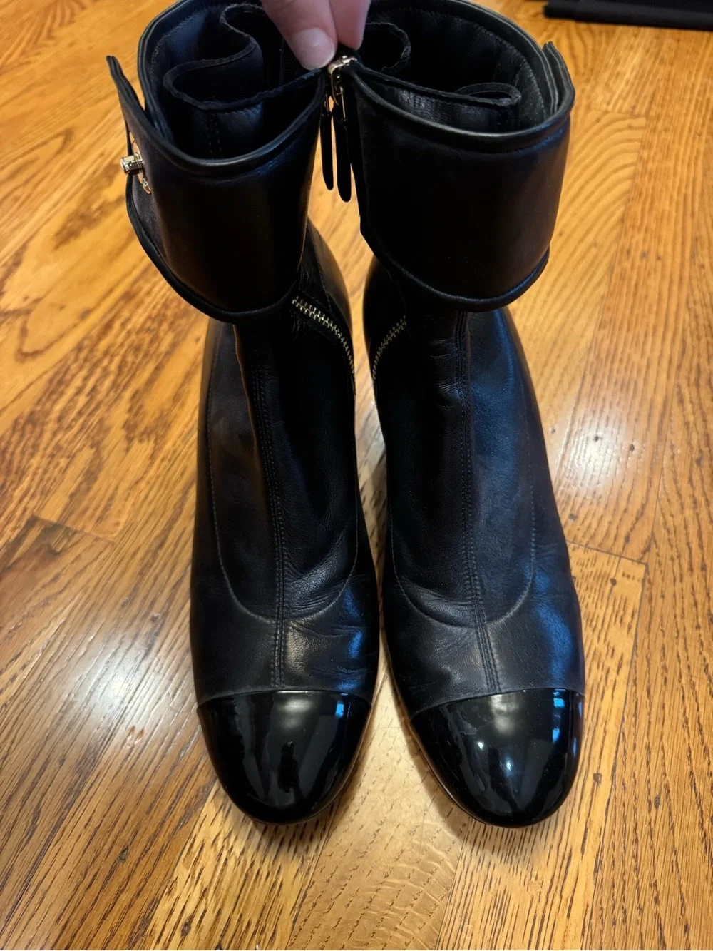 Chanel CC Turnlock Black Leather Patent Cap Toe Ankle Boots EU 40.5
